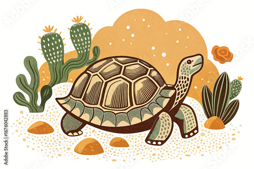 Desert tortoise walking near cactus and rocky dry terrain, survival reptile sketch illustration