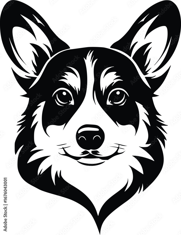 Naklejka premium Pembroke Welsh Corgi head silhouette with large ears, expressive eyes, and fluffy fur details
