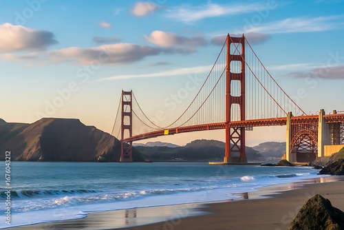 Golden Gate Bridge San Francisco California scenic view from the beach at sunset with pastel colors