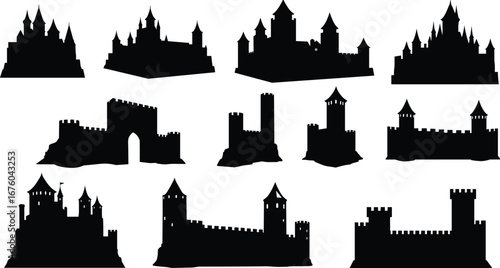 Castle silhouettes, medieval architecture, fortress towers, turret design, battlement walls, fantasy structure, historic buildings, fortified palace, gothic castle, black icon set
