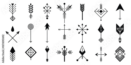 Arrow. Minimalist. Esoteric. A modern black vector set of abstract geometric and alchemical arrows for a minimal tattoo design, a spiritual brand's logo, or a unique graphic icon.