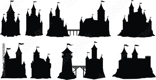 Castle silhouettes, medieval towers, fantasy fortress, turret icons, black castle shapes, historic architecture, fairytale buildings, gothic design, vector set, isolated graphic