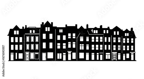 Black silhouette of traditional European canal houses, a row of historic city buildings with gabled roofs.