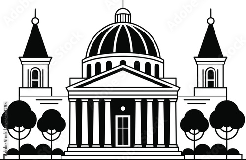 Classic Neoclassical Building Line Art: Elegant Black and White Illustration