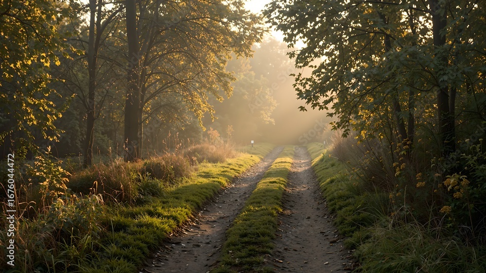 Fototapeta premium Country Dirt Road Through Forest at Sunrise