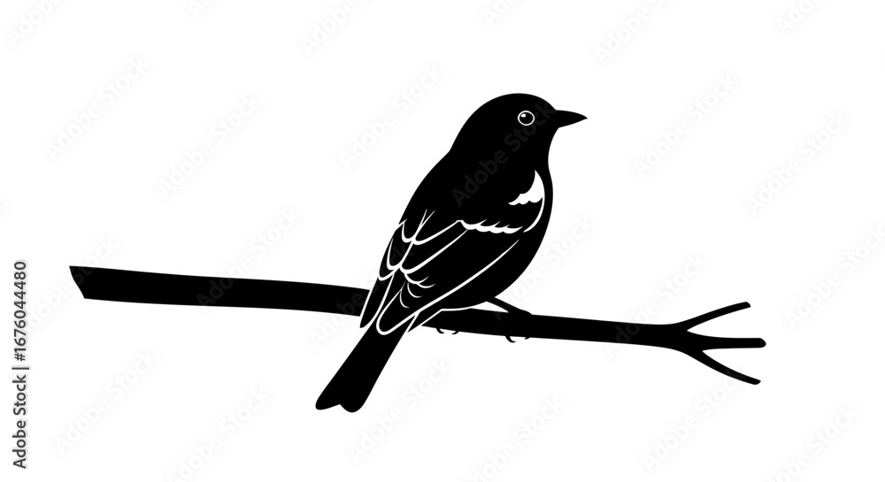 Fototapeta premium Stylized black and white illustration of a small songbird perched on a tree branch.