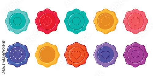 Wax Seal. Stamp. A colorful flat vector icon set of ten vintage wax seals with and without heart symbols for a wedding invitation, a certificate, a letter, or a luxury brand's logo.