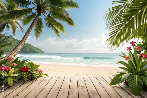 Fototapeta Naklejka Na Ścianę i Meble -  Tropical paradise beach with wooden walkway and palm trees