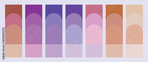 Color Palette. Warm Tones. A modern vector set of seven abstract color palettes or swatches with warm pink, purple, and orange tones for a brand identity kit or a designer's mood board.