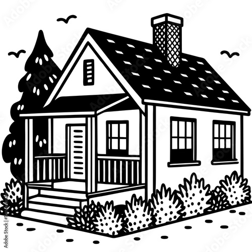 Cozy house line art with a porch, tree, and garden, simple black and white sketch style sketch illustration