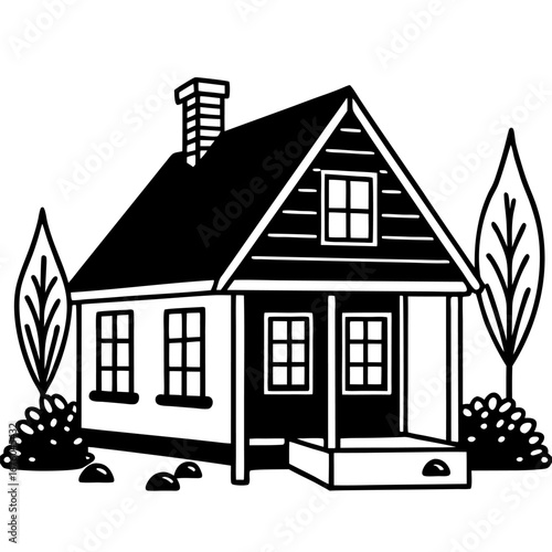 Cozy house line art with a porch, tree, and garden, simple black and white sketch style sketch illustration