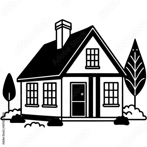 Cozy house line art with a porch, tree, and garden, simple black and white sketch style sketch illustration