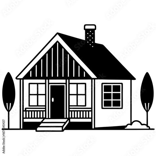 Cozy house line art with a porch, tree, and garden, simple black and white sketch style sketch illustration