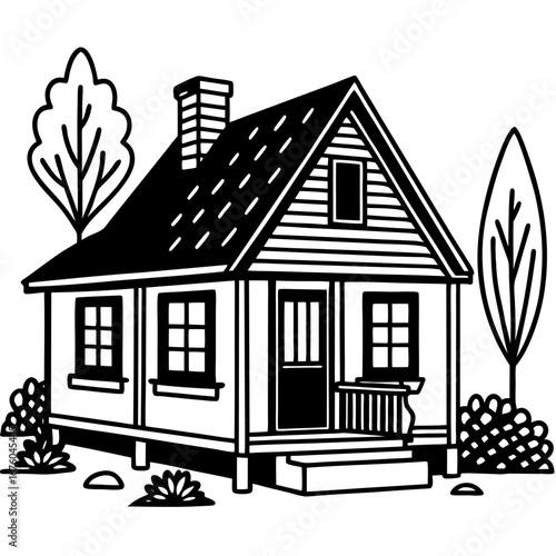 Cozy house line art with a porch, tree, and garden, simple black and white sketch style sketch illustration