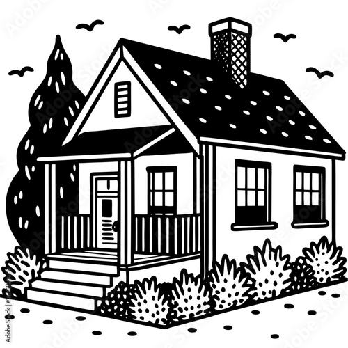Cozy house line art with a porch, tree, and garden, simple black and white sketch style sketch illustration