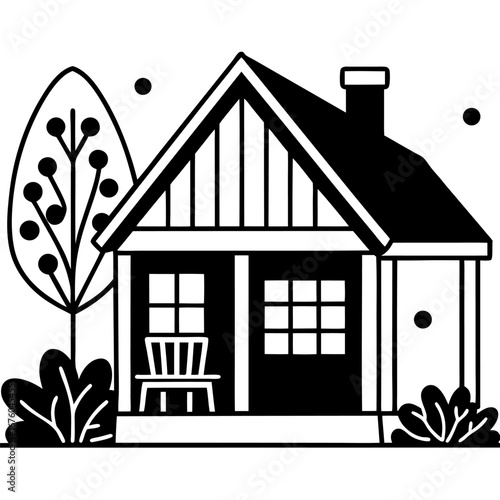 Cozy house line art with a porch, tree, and garden, simple black and white sketch style sketch illustration