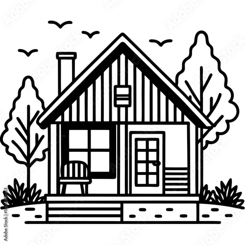 Cozy house line art with a porch, tree, and garden, simple black and white sketch style sketch illustration