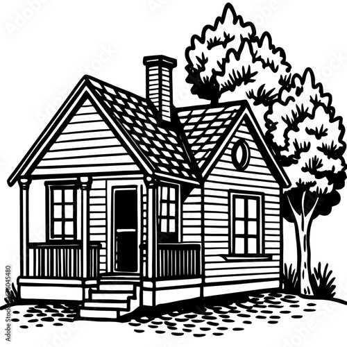 Cozy house line art with a porch, tree, and garden, simple black and white sketch style sketch illustration