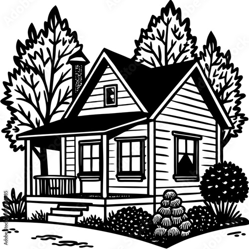 Cozy house line art with a porch, tree, and garden, simple black and white sketch style sketch illustration