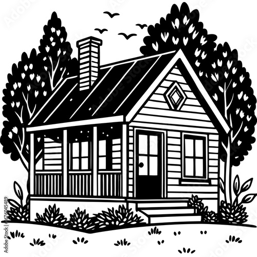 Cozy house line art with a porch, tree, and garden, simple black and white sketch style sketch illustration