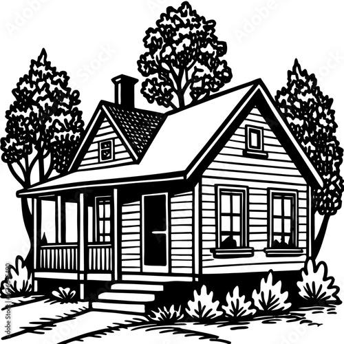 Cozy house line art with a porch, tree, and garden, simple black and white sketch style sketch illustration