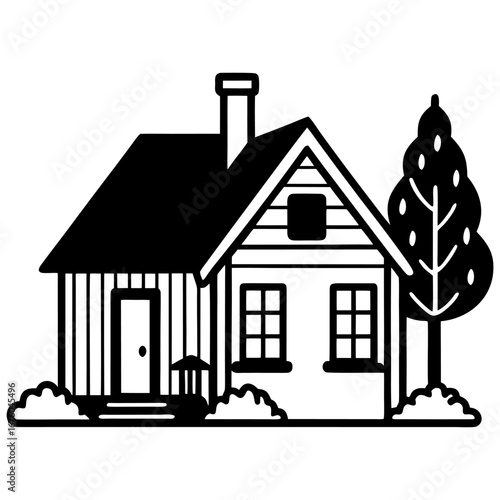 Cozy house line art with a porch, tree, and garden, simple black and white sketch style sketch illustration