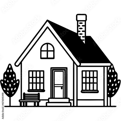 Cozy house line art with a porch, tree, and garden, simple black and white sketch style sketch illustration