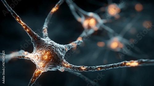 High detail 3D render of glowing neuron networks with synapses firing electrical pulses in a dark environment illustrating brain activity and neuroscience