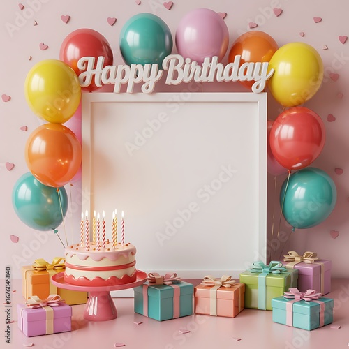 Happy Birthday celebration frame with colorful balloons cake and gifts perfect for birthday invitation design greeting cards and party posters creating a festive atmosphere