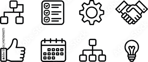 Collection of business and finance icons including organization chart checklist gear handshake thumbs up calendar and lightbulb