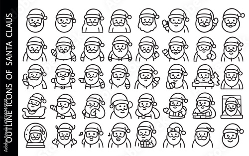 a set of outline icons with images of Santa Claus in different poses and with different attributes. All icons are made in black and white with thin lines.
