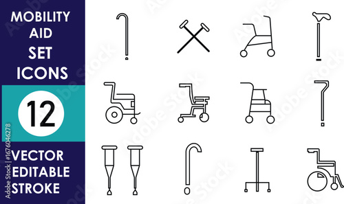 A minimalist vector illustration set featuring 12 black line icons of mobility aids, including wheelchairs, walkers, crutches, and canes, with clean editable stroke design