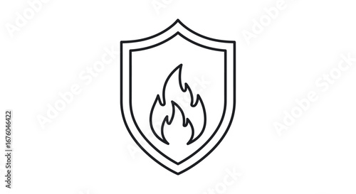 Fire protection shield icon with a flame symbol, a simple black and white line art vector graphic.