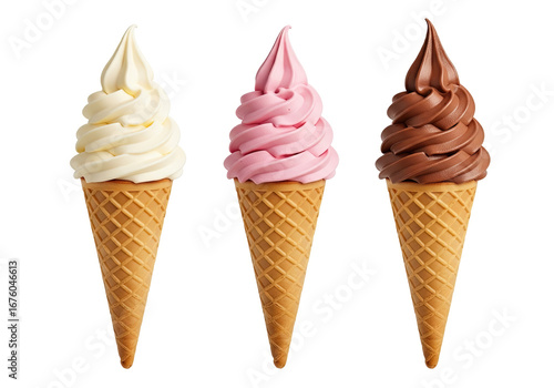 Three soft serve ice cream cones, vanilla, strawberry, and chocolate.