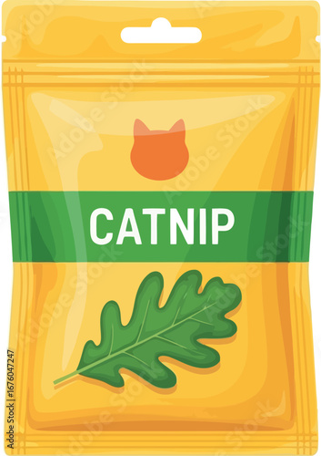 Bright yellow catnip pouch with green label and oak leaf illustration for feline enrichment vector