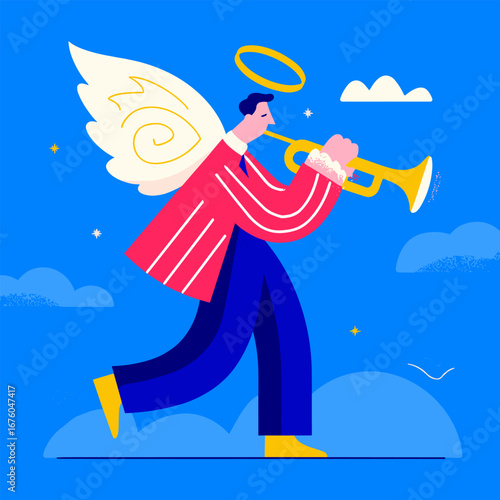 Christmas angel playing trumpet with halo