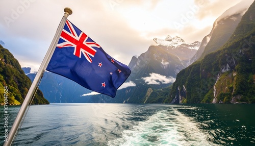 New Zealand Flag Over Fiordland National Park