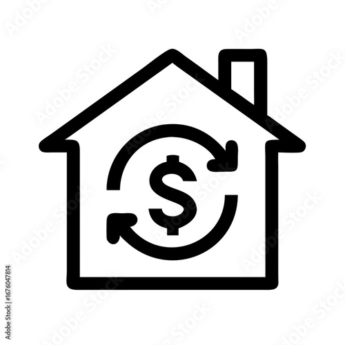 Refinancing concept in simple line art depicts home with money and arrows, showing financial transaction. Refinancing home involves mortgage rate comparison for smart financial planning.
