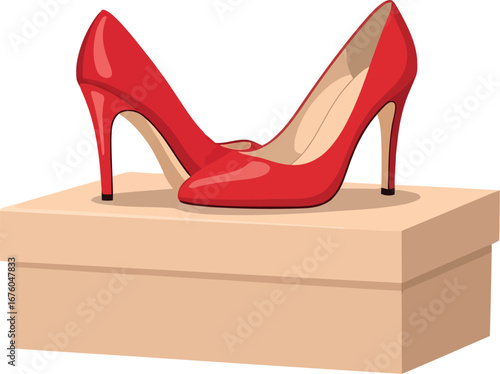 Elegant red stiletto heels resting on a cardboard shoe box for fashion photography vector