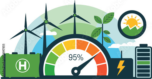 Renewable energy concept with wind turbines solar panel and battery storage showing 95 percent charge