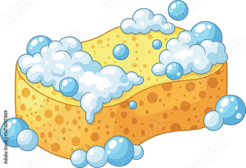 Yellow sponge bubbles cleaning hygiene dishwashing kitchenware domestic life vector