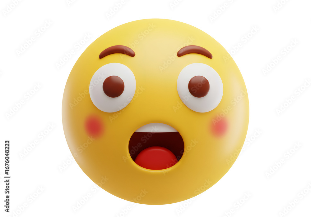 Fototapeta premium 透明な背景の驚いた顔の表情の感情的な黄色の3D絵文字アイコン