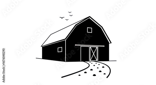 Simple Black and White Sketch of a Classic Barn.