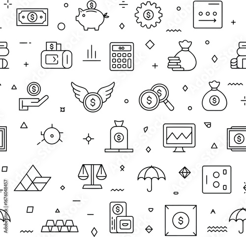 Seamless pattern of financial icons representing money growth and investment opportunities