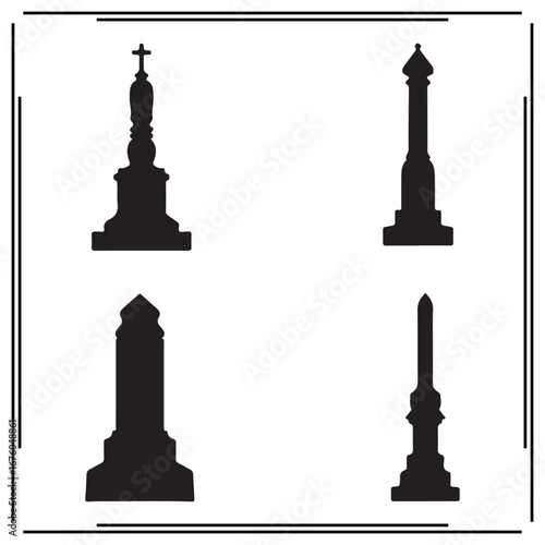 Black Silhouettes of Monumental Obelisks - Religious and Historic Memorial Statues, Tall Monuments with Cross and Column Designs, Graveyard and Cemetery Icons