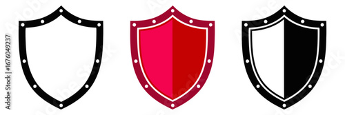Vector illustration set of shield icons symbolizing security, protection, and defense, isolated graphic elements