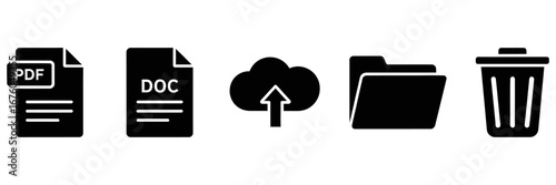 File Management Icons PDF, DOC, Cloud Upload, Folder, and Trash Can, Vectore 
