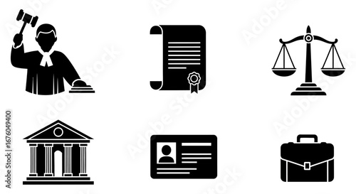 Justice Icon Set Courtroom, Documents, Scales, Law, and Legal Symbols Vectors for Advocacy, Compliance, and Rights Assurance.