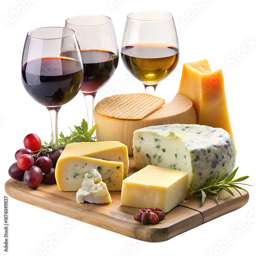 Cheese and wine platter with grapes and rosemary, isolated on transparent background