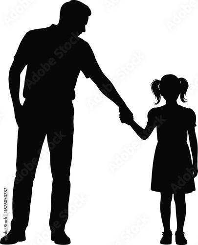 Touching Father and Daughter Silhouette Illustration, Holding Hands with Radiant Background and Leaf Elements, Symbol of Love and Bond